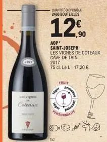 2017  lee viene  24  coteaux  atino  quantite disponible 2460 bouteilles  12€ 12,90  aop* saint-joseph  les vignes de coteaux cave de tain  152  2017  75 cl. le l: 17.20 €.  siger  fruit  personne  pr