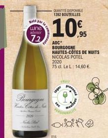 Hote wine advisor  72  la com  Bengegne Hans Conde Nis  Nadal  QUANTITÉ DISPONIBLE 1392 BOUTEILLES  10%  ,95  AOC BOURGOGNE HAUTES-CÔTES DE NUITS NICOLAS POTEL  2020  75 cl. Le L: 14,60 €.  FRUIT  sig