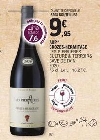 Hoté par  wine advisor  7.6  2020  LES PIERRES  HERMITACK  comm  AOP*  QUANTITE DISPONIBLE 5208 BOUTEILLES  9%95  150  CROZES-HERMITAGE LES PIERRIÈRES CULTURE & TERROIRS CAVE DE TAIN  2020  75 cl. Le 