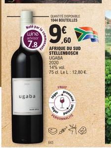 Note Par wine  advisor  7.8  ugaba  la com  QUANTITÉ DISPONIBLE 1044 BOUTEILLES  9  AFRIQUE DU SUD STELLENBOSCH  lager  ,60  UGABA  2020  14% vol.  75 cl. Le L: 12,80 €.  léger  FRUIT  prece  PERSONNA