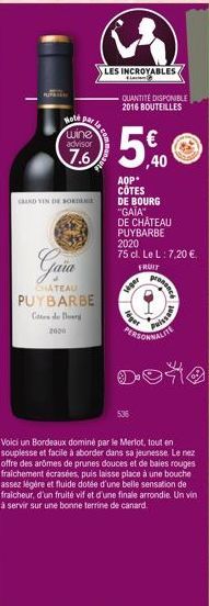 Hoté par wine  advisor  7.6  CAND VIN DE BOKDEME  Gaia  CHATEAU  PUYBARBE Cat de Berg  2000  LES INCROYABLES  QUANTITÉ DISPONIBLE 2016 BOUTEILLES  ,40  leger  AOP*  COTES  DE BOURG "GAIA" DE CHÂTEAU P