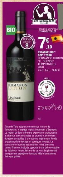BIO  Hoté par  wine advisor  8  TORO  HERMANOS LURTON  EL DUENDE  LES INCROYABLES  QUANTITÉ DISPONIBLE 1350 BOUTEILLES  7.  ESPAGNE BIO DOP TORO HERMANOS LURTON  "EL DUENDE" TEMPRANILLO 2020  75 cl. L