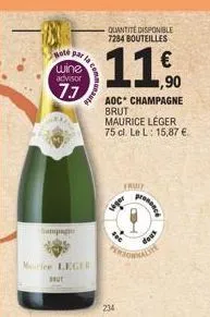 hote  wine  advisor  77  hampag  la com  but  maurice leger  commana  quantité disponible 7284 bouteilles  11.90  aoc champagne brut maurice léger  75 cl. le l: 15,87 €.  fruit  234  presence  dous  a