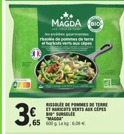 coge  traction  magda bio  francus  une table en foret  les poélées gourmandes  rissolée de pommes de terre et haricots verts aux cèpes  65 600 g. le kg: 6,08 €.  rissolée de pommes de terre et harico