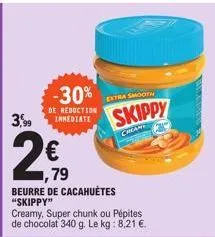 3,99  20  1,79  -30%  de reduction inmediate  beurre de cacahuètes "skippy" creamy, super chunk ou pépites de chocolat 340 g. le kg: 8,21 €.  extra smooth  skippy  creant 
