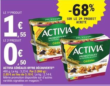 LE 1 PRODUIT  LE 2" PRODUIT  0€  ,50  ACTIVIA CÉRÉALES OFFRE DÉCOUVERTE 480 g. Le kg: 3,23 €. Par 2 (960 g): 2,05 € au lieu de 3,10 €. Le kg: 2,14 €. Même promotion disponible sur d'autres variétés si