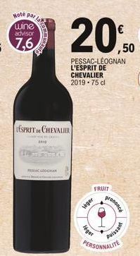 Note par wine advisor  7,6  ESPRIT CHEVALIER  THOMA GRA 2019  ESSAC LEGOMAN  20%  PESSAC-LÉOGNAN L'ESPRIT DE CHEVALIER 2019-75 cl  FRUIT  leger  léger  prononcé  PERSONNALITE  Puissant 