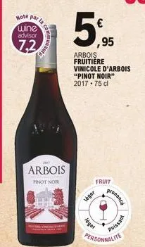 note  wine  advisor  7,2  ar la communauté  201  arbois  pinot noir  léger  €  ,95  arbois fruitière vinicole d'arbois  "pinot noir" 2017 75 cl  léget  fruit  prononcé  puissant 