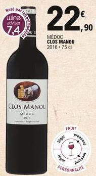 Note paroc  wine advisor  7,4  OU C  CLOS MANOU  MEDOC 2016  for  MEDOC CLOS MANOU 2016- 75 cl  léger  FRUIT  léget  prononcé  1  Puissant  PERSONNALITE 