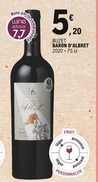 Note parf  wine  advisor  7,7  Hm  K  Page 3  ARO  ,20  BUZET  BARON D'ALBRET 2020.75 dl  veger  FRUIT  léger  PERSONNALITE  prononcé  11  Puissant 