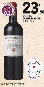 Hoté  par lac  CHATEAU BEL-AIR POMEROL  3824  TROL Ce  FRUIT  Voger  léger  prononcé  T  Puissant  PERSONNALITE 