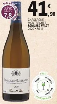 note para wine advisor  chassagne-montrachet  2000  ronald vale  chassagne-montrachet romuald valot 2020-75 cl  fruit  véger  sec  prononcé  poelleux  personnalite 