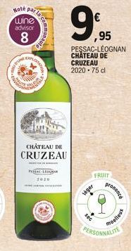 Hoté par la  wine  advisor  8  "Be  EXPLORA  HON  VALEN  HOME  CHÂTEAU DE CRUZEAU  2020  ,95 PESSAC-LÉOGNAN CHATEAU DE CRUZEAU  2020-75 cl  loger  FRUIT  sec  prononce  PERSONNALITE  moelleux 