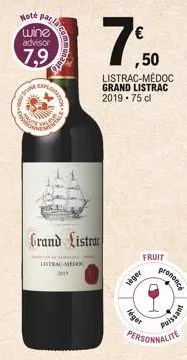 o  hoté par la wine advisor  7,9  wron aute  explota  grand listrat  baia de foralata s  listrac medoc  2019  7%  ,50  listrac-médoc grand listrac 2019-75 cl  loger  fruit  léger  prononce  1  personn