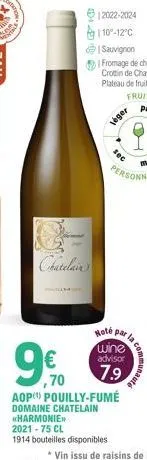 chatelain  leger  sec  hoté par wine advisor  7.9  par la con  ,70  aop pouilly-fumé domaine chatelain  «harmonie 2021-75 cl  1914 bouteilles disponibles  communaute 