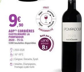 ,90  9€,90  véger  12022-2028  16-18°c  carignan, grenache, syrah  volailles, champignons fromages à pâte molle  léget  fruit  prononce  aop) corbières personnalite  castelmaure la  pompadour  2020-75