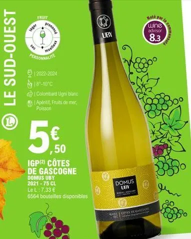 le sud-ouest  (l  fruit  viger  200  prononce  personnalite  1  moelleux  €12022-2024 18-10°c  i colombard ugni blanc apéritif, fruits de mer, poisson  ,50  igp (2) côtes  de gascogne domus uby  2021-