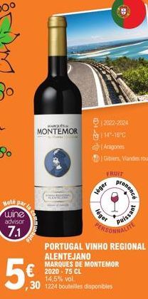 Hote par la wine advisor  7.1  MARQUES  MONTEMOR  unauté  5.0  Jafar léger  30 1224 bouteilles disponibles  PORTUGAL VINHO REGIONAL ALENTEJANO MARQUES DE MONTEMOR 2020-75 CL 14,5% vol.  9.  prononcé  