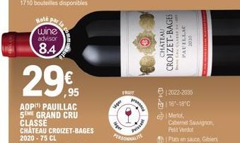 Note  wine advisor  8.4  29€  AOP PAUILLAC 5IME GRAND CRU CLASSE CHATEAU CROIZET-BAGES 2020-75 CL  468 bouteilles disponibles  FRUIT  siger  Fager  proce  Puissan  CHATEAU CROIZET-BAGES  CU CAREE  PAU