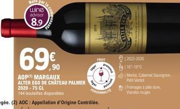 wine  advisor  8.9  69%  AOP MARGAUX  ALTER EGO DE CHÂTEAU PALMER 2020-75 CL  144 bouteilles disponibles  2016  viper  FRUIT  prononce  Puisson  PERSONNALITE  [1]  ALTER EGO  500  2022-2030  | 16-18°C