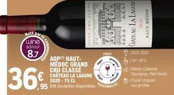 wine advisor  8.7  la com  36€  leand cru clash  aop¹) haut-médoc grand cru classé chateau la lagune 2020-75 cl  h  sigar  born fi  g  liget  fruit  yoyo urg  hoch  pis  ,95 696 bouteilles disponibles