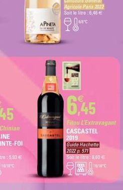 S  APNEA  6,45  Fitou L'Extravagant CASCASTEL  SECASTEL 2019  Guide Hachette 2022 p. 571  Soit le litre: 8,60 €  15/14-C 
