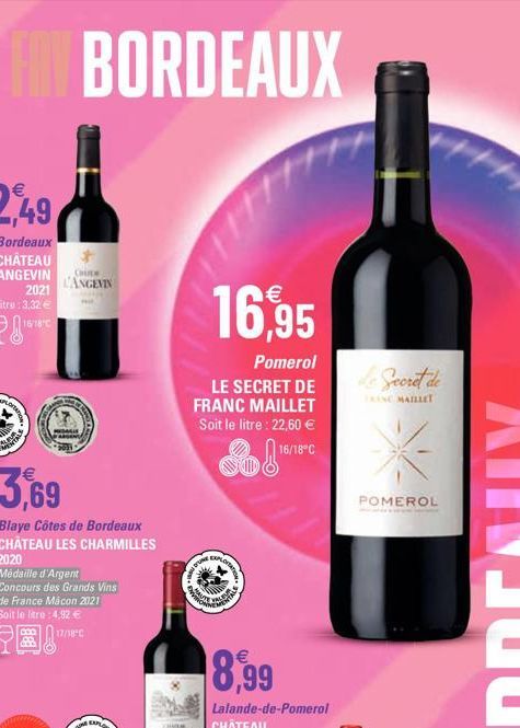 FITBORDEAUX  TATION 37  CHIDE  L'ANGEVIN  3,69  Blaye Côtes de Bordeaux CHÂTEAU LES CHARMILLES 2020  Médaille d'Argent Concours des Grands Vins de France Macon 2021  Soit le litre: 4,92 €  EXPLO  16,9
