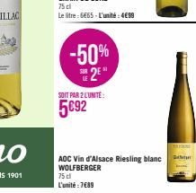 -50%  2  SOIT PAR 2 LUNITE:  5€92  AOC Vin d'Alsace Riesling blanc கெளமா WOLFBERGER 75 cl L'unité : 7€89 