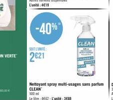 -40%  SOIT L'UNITÉ  2621  CLEAN  PHONE  AFTICAE  Nettoyant spray multi-usages sans parfum CLEAN  500ml  Le litre: 4642-L'unité: 369 