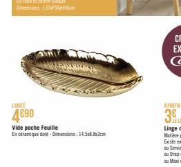 L'UNITE  4690  Vide poche Feuille  En céramique doré. Dimensions: 14.5x8.8x2cm 