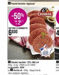 A Poulet fermier régional  -50% 2⁹  SOR  SOIT PAR 2 LA BARQUETTE:  6€00  A Steaks hachés 15% MG x4  400g-Lekg: 20600 ou X2 15€00  La barquette: BEDD  ou C Hachés x6-600g - Happy Family  VIANDE BOVINE 