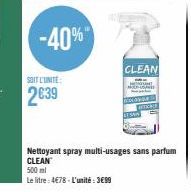 -40%  SOIT L'UNITÉ  2€39  CLEAN  PHONE  AFTICAE  Nettoyant spray multi-usages sans parfum CLEAN  500ml  Le litre: 4€78-L'unité: 399 