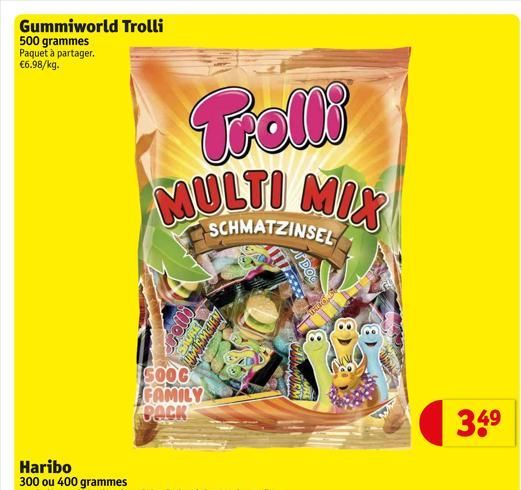 Gummiworld Trolli  500 grammes Paquet à partager. €6.98/kg.  Trolli MULTI MIX  Follo  SOOG FAMILY BACK  SCHMATZINSEL  WELKEN  34⁹9  