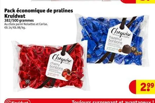 pack économique de pralines kruidvat  382/500 grammes au choix parmi noisettes et cerise. €9.14/€6.98/kg.  chequise  cherry bonbons  tz  choquise  hazelnut bonbons  2.99 