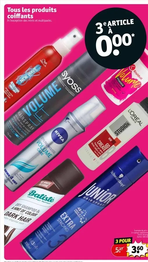 tous les produits coiffants  à l'exception des minis et multipacks.  ultra strons power hold  hod od teg  ma  75 ml  x  thextras trong ho d  band  hairspray  xtra strong  4  new wave  ana  24h  volume