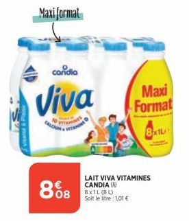 8%8  candia  Viva  Nes  Maxi Format Bate  LAIT VIVA VITAMINES CANDIA (A) 8x1L (8L) Soit le litre : 1,01 € 