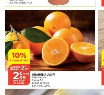 10%  à cagnotter  cagnotte 269  déduite  2.99  €le kg orange à jus (1)  prix payé en caisse  valencia late  calibre 6-7 le filet de 1,5 kg soit le kg: 1,99 € 