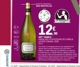 chabli  icauna  fa  quantité disponible 3024 bouteilles  presence  personnalit  12%  ,90  les incroyables  aop chablis union des viticulteurs de chablis «cuvée icauna» 2020 75 cl  une année à la venda