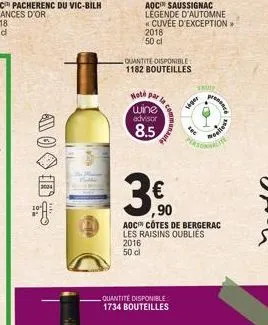 seoo  quantite disponible: 1182 bouteilles  wote par la co  wine  advisor  8.5  quantité disponible 1734 bouteilles  aoc saussignac légende d'automne «cuvée d'exception >>  2018 50 cl  munauté  viger 