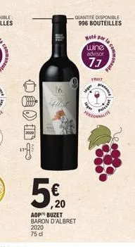 hoodt  ,20  aop buzet baron d'albret 2020 75 d  quantite disponible 996 bouteilles  note parla  wine  advisor  7.7  per  ager  pine  mata  pis 