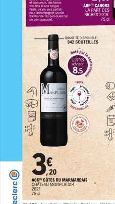 龍興堂  MON  pe  ON PLAIS  3,90  ,20  seper  Noté par wine  advisor  8.5  TRWY  QUANTITE DISPONIBLE  942 BOUTEILLES  PERSONNALITE  AOP CAHORS LA PART DES BICHES 2019 75 d  grey  Puissan  munauté  AOC CÔT