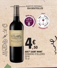 FOD?  DOLLER  QUANTITE DISPONIBLE 954 BOUTEILLES  Note  wine  advisor  8  2018  75 cl  ,50  AOC SAINT MONT DOMAINE D'OLLERIS  FRUIT  Hiper  PERSO  Puissan  Prese 