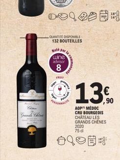 Grands China  QUANTITE DISPONIBLE 132 BOUTEILLES  Hote par la  wine advisor  8  TRUIT  13%  ,90  AOP MÉDOC CRU BOURGEOIS CHÂTEAU LES GRANDS CHÊNES 2020 75 cl  # 