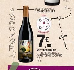 FOOD  QUANTITÉ DISPONIBLE  1200 BOUTEILLES  agar  FRUIT  PERSONNALITE  2021 75 d  60  AOP BEAUJOLAIS  LE COQ BEAUJOLAIS  CHRISTOPHE COQUARD 