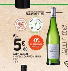 www  AS  6,10  5€  ,80  QUANTITÉ DISPONIBLE 864 BOUTEILLES  TRUIT  seper  Pesona  AOC GAILLAC  CHÂTEAU CARIMON PERLE  2021  75 cl  proce  Melis  -0%  DE REDUCTION IMMEDIATE 