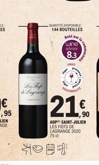 & Lagrang  WEETHE  昌  QUANTITÉ DISPONIBLE: 144 BOUTEILLES  Hote par la  wine  advisor  8.3  FRUIT  viger  Aut  proce  Pivs  PERSONALITE  21€  1,90  AOP SAINT-JULIEN LES FIEFS DE LAGRANGE 2020  75 d 