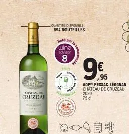 chateau  cruzeau  viger  quantité disponible 594 bouteilles hoté par la  wine advisor  8  la comm  celles  "treehnaly  qo  9€  ,95  aop pessac-léognan château de cruzeau 2020 75 cl 