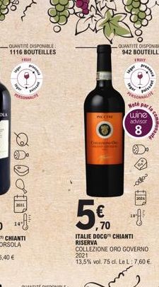 QUANTITÉ DISPONIBLE 1116 BOUTEILLES  FRUT  PERSONALITE  Ø  2001  Prope  P  PICCINI  batu de  5€  ,70  seger  teger  PERSONNALITE Hote par la wine  advisor  8  Puissan  ITALIE DOCG CHIANTI RISERVA  COL