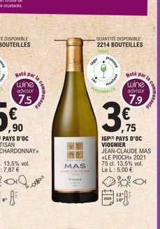 par la  -oo  SE  MAS  QUANTITE DISPONIBLE 2214 BOUTEILLES  siger  pan  les  Hote par la  wine  advisor  7.9  3.5 3€  ,75  IGP PAYS D'OC VIOGNIER JEAN-CLAUDE MAS LE PIOCH>> 2021 75 cl. 13,5% vol. Le L: