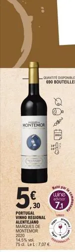 quantite disponible  690 bouteilles  montemor  5€0  30  portugal vinho regional alentejano marques de  montemor 2020 14,5% vol.  75 cl. le l: 7,07 €.  cod  note par wine advisor  7.1  fruit  sipe  und